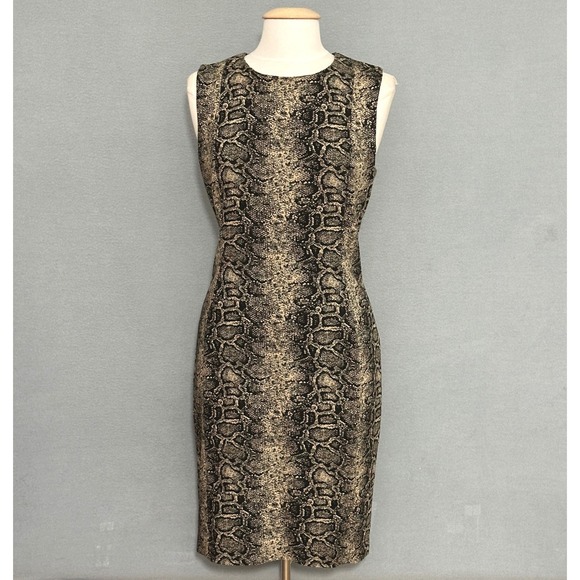 Calvin Klein Womens Dress 14 Brown Snake Reptile Print Sheath Classic Mob Wife - Picture 1 of 11